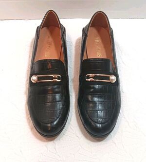 DREAM PAIRS Black Croc Embossed Loafer Vegan Leather Pearl Gold Buckle Flats 8.5